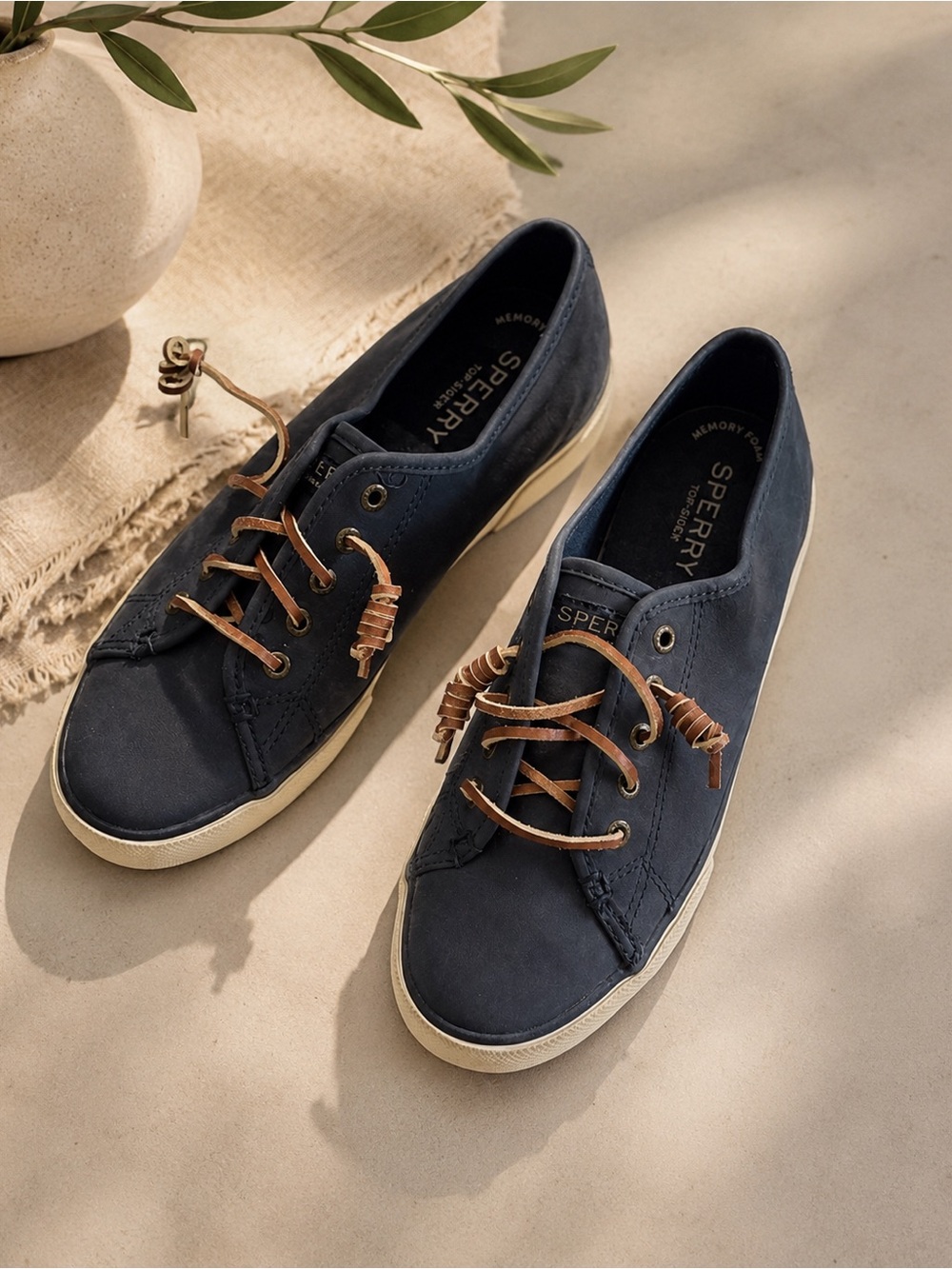 Sperry Navy Suede Boat Shoes with Brown Laces